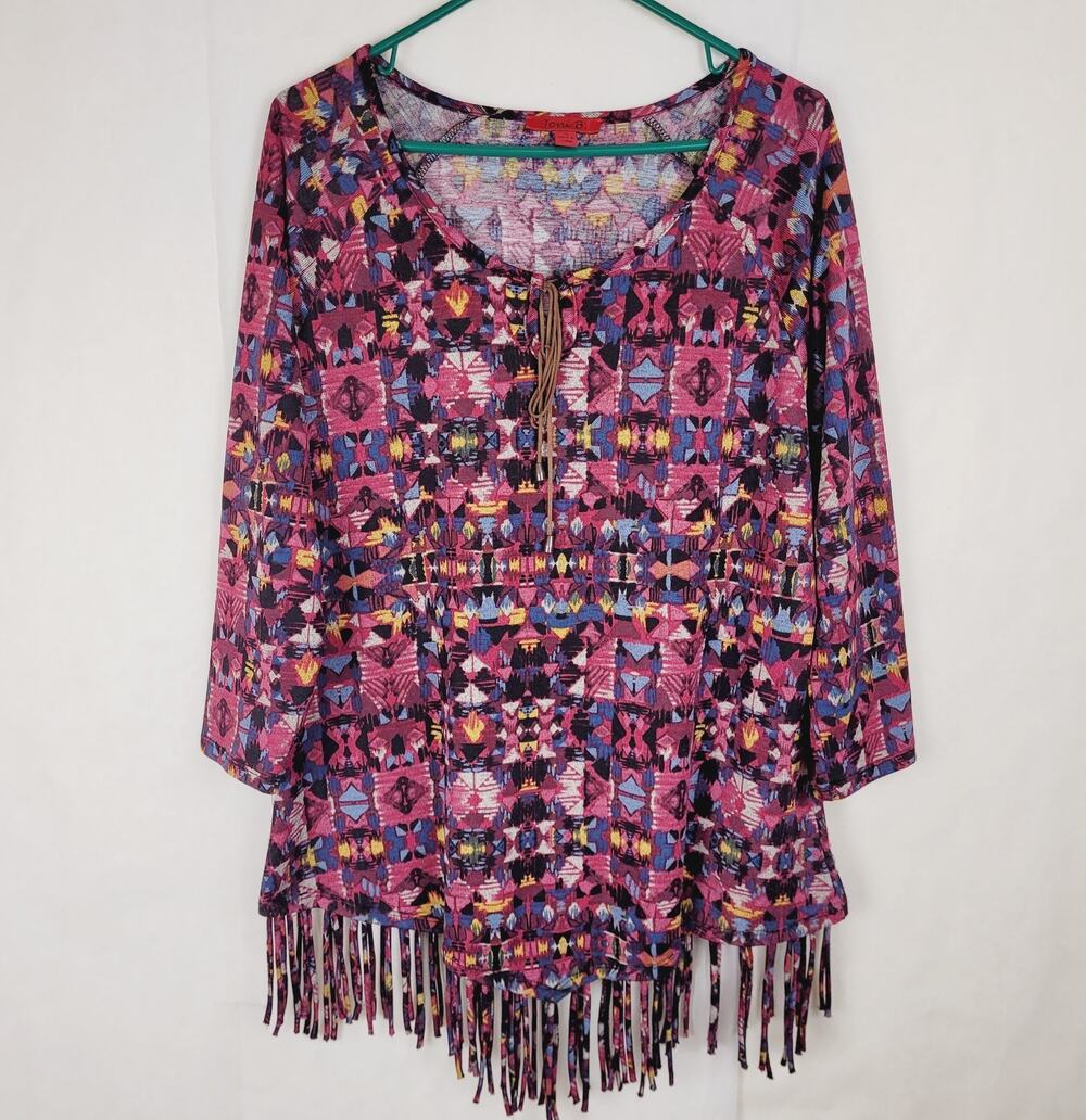 Joni B. stretch knit fringe top Size XL Southwestern Boho Artsy Maximal